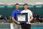 Jacob Cost DIII Swimming All American  Wheaton College Swimming & Diving head coach, Barrett Roberts '07, presents NCAA Division III All American certificate to Jacob Cost, ’19. - Photo by Keith Nordstrom : Wheaton, Jacob Cost, DIII, Swimming, All American